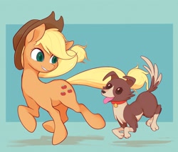 Size: 1973x1690 | Tagged: safe, artist:noupu, applejack, winona, dog, earth pony, pony, g4, applejack's hat, blue background, cowboy hat, cute, female, hat, hooves, jackabetes, looking at each other, looking at someone, mare, running, simple background, tongue out, winonabetes