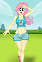 Size: 1280x1916 | Tagged: safe, artist:lennondash, idw, fluttershy, human, equestria girls, g4, spoiler:comicequestriagirlsmarchradness, adorasexy, alternate hairstyle, armpits, belly button, big breasts, blushing, breasts, busty fluttershy, canterlot high, cleavage, clothes, cute, cutie mark on clothes, eyeshadow, fence, field, hairpin, makeup, march radness, midriff, ponytail, sexy, shoes, shorts, shyabetes, sneakers, solo, sports bra, sports outfit, sports shorts