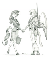 Size: 1100x1294 | Tagged: safe, artist:baron engel, rarity, oc, griffon, unicorn, anthro, g4, female, gun, mare, monochrome, pencil drawing, rifle, story included, traditional art, weapon