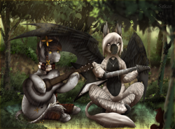 Size: 1955x1447 | Tagged: safe, artist:szkar, oc, oc:devilvoice, oc:sound error, bat pony, earth pony, pony, crossed legs, duo, electric guitar, female, flower, flower in hair, flying v, forest, guitar, leonine tail, mare, musical instrument, playing, playing instrument, rain, sitting, tail