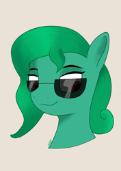 Size: 1527x2160 | Tagged: safe, artist:m37, oc, oc only, pegasus, pony, bust, glasses, green hair, portrait, red eyes, simple background, solo, sunglasses