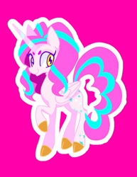 Size: 770x1000 | Tagged: safe, artist:stacy_165cut, oc, oc only, alicorn, pony, cloven hooves, colored hooves, female, folded wings, horn, looking at you, mare, outline, pink background, raised hoof, simple background, solo, wings