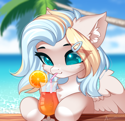 Size: 2342x2272 | Tagged: safe, alternate character, alternate version, artist:airiniblock, oc, oc only, oc:teacup cake, pegasus, pony, alcohol, beach, chest fluff, cocktail, commission, drink, drinking, drinking straw, ear fluff, food, high res, ocean, orange, palm tree, solo, summer, tree, water, ych result