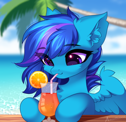Size: 2342x2272 | Tagged: safe, alternate character, alternate version, artist:airiniblock, oc, oc only, oc:skyshade blue, pegasus, pony, alcohol, beach, chest fluff, cocktail, commission, drink, drinking, drinking straw, ear fluff, food, high res, ocean, orange, palm tree, solo, summer, tree, water, ych result