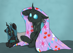Size: 4040x2928 | Tagged: safe, artist:rokosmith26, queen chrysalis, oc, oc:tarsi, changeling, g4, blanket, changeling horn, changeling oc, commission, floppy ears, horn, looking up, male, plushie, sitting, smiling, solo, stallion, ych result