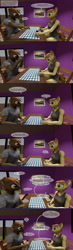 Size: 1440x4898 | Tagged: safe, artist:spud, button mash, oc, oc:cream heart, earth pony, anthro, comic:family bonds, g4, 3d, bed, breasts, chair, clothes, comic, dialogue, drinking, mug, nipples, paper, phone, source filmmaker, speech bubble, table