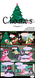 Size: 1042x2315 | Tagged: safe, artist:dendoctor, citrus blush, mean twilight sparkle, pinkie pie, oc, oc:alice goldenfeather, oc:fable, alicorn, earth pony, pegasus, pony, unicorn, comic:clone.., g4, alternate universe, bag, beanie, booties, christmas, christmas lights, christmas tree, clone, clothes, comic, female, fire hydrant, hat, hearth's warming eve, holiday, pinkie clone, saddle bag, scarf, snow, soda, tree, twilight sparkle (alicorn), wreath