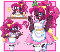 Size: 2803x2448 | Tagged: safe, artist:mscreepyplaguedoctor, gummy, pinkie pie, alligator, human, g4, :p, alternate hairstyle, apron, bracelet, cake, clothes, cupcake, cute, dark skin, diapinkes, dress, female, flats, food, high res, humanized, jewelry, male, one eye closed, open mouth, shoes, skirt, solo, tongue out, tray, wink
