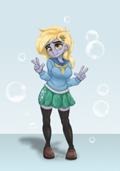 Size: 1200x1716 | Tagged: safe, artist:inkypuso, derpy hooves, human, equestria girls, g4, blue background, blushing, bubble, clothes, cute, derpabetes, double peace sign, female, flats, peace sign, shirt, shoes, simple background, skirt, socks, solo, stockings, thigh highs