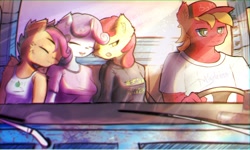 Size: 2000x1196 | Tagged: safe, artist:mistleinn, apple bloom, big macintosh, scootaloo, sweetie belle, pegasus, unicorn, anthro, g4, adorabloom, brother and sister, car interior, clothes, cute, cutealoo, cutie mark crusaders, diasweetes, driving, eyes closed, female, male, older, older apple bloom, older cmc, older scootaloo, older sweetie belle, one eye closed, siblings, sleeping, tank top, truck