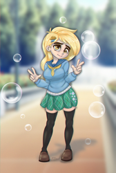 Size: 1200x1787 | Tagged: safe, alternate version, artist:inkypuso, derpy hooves, human, g4, blushing, bubble, clothes, cute, derpabetes, double peace sign, female, flats, humanized, peace sign, shirt, shoes, skirt, socks, solo, stockings, thigh highs