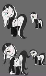 Size: 3000x5000 | Tagged: safe, artist:bestponies, oc, oc only, oc:diamond horseshoe, pony, unicorn, angry, butt, clothes, drawing tablet, ear piercing, earring, female, glasses, goth, horn, jewelry, looking back, makeup, mare, piercing, plot, socks, suit, sweater, unicorn oc, yellow eyes