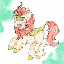 Size: 3611x3610 | Tagged: safe, artist:lightisanasshole, autumn blaze, kirin, abstract background, cheek fluff, colored hooves, ear fluff, female, happy, jumping, open mouth, open smile, raised hoof, smiling, solo, traditional art, watercolor painting