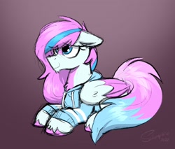 Size: 3242x2757 | Tagged: source needed, safe, artist:selenophile, oc, oc only, oc:dyn, pegasus, pony, blue eyes, chest fluff, clothes, colored wings, cute, eyelashes, facial markings, floppy ears, fluffy tail, happy, high res, long mane, long tail, lying down, multicolored mane, multicolored tail, multicolored wings, shy, simple background, sweater, tail, wings