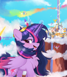 Size: 1709x1958 | Tagged: safe, artist:spoosha, cloudpuff, pipp petals, rainbow dash, sunny starscout, twilight sparkle, zipp storm, alicorn, pegasus, pony, g5, my little pony: a new generation, alternate hairstyle, braid, chest fluff, cloud, crown, earth pony crystal, eyebrows, eyebrows visible through hair, female, flying, hair over one eye, jewelry, magic, magic aura, offscreen character, open mouth, open smile, pegasus crystal, race swap, rainbow, regalia, sky, smiling, solo focus, sunnycorn, twilight sparkle (alicorn), unicorn crystal, zephyr heights