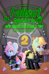Size: 1024x1536 | Tagged: safe, artist:exobass, oc, oc:appletree, oc:stardust, earth pony, pony, unicorn, fallout equestria, amputee, bag, bone, bookcover, bow, braid, braided tail, clothes, controller, earth pony oc, female, horn, jumpsuit, mare, overalls, pigtails, prosthetic leg, prosthetic limb, prosthetics, stable (vault), tail, unicorn oc, vault suit
