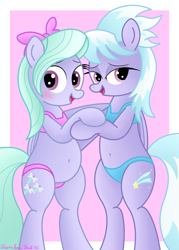 Size: 2884x4032 | Tagged: safe, artist:rainbowšpekgs, cloudchaser, flitter, pegasus, pony, g4, adorasexy, bedroom eyes, belly, belly button, bipedal, blue bikini, blushing, bow, chubby, clothes, cute, duo, duo female, embarrassed, female, hair bow, mare, plump, sexy, simple background, standing, swimsuit