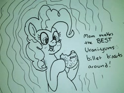 Size: 2048x1529 | Tagged: safe, artist:pony quarantine, pinkie pie, earth pony, pony, g4, dialogue, eating, female, hoof hold, mare, monochrome, open mouth, puffy cheeks, solo, this will end in death, this will end in radiation poisoning, traditional art, uranium