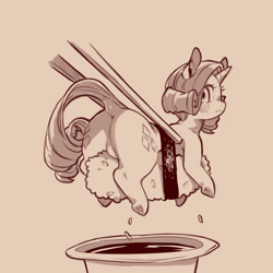Size: 1200x1200 | Tagged: safe, artist:cold-blooded-twilight, rarity, pony, unicorn, g4, anus, blushing, butt, chopsticks, dock, featureless crotch, female, food, foodplay, looking back, micro, monochrome, nudity, plot, ponies in food, ponies in sushi, raised tail, rearity, sauce, sketch, solo, sushi, tail