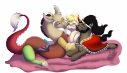 Size: 3000x1728 | Tagged: safe, artist:jazzwolfblaze, discord, king sombra, oc, oc:exist, draconequus, griffequus, hippogriff, hybrid, pony, unicorn, g4, canon x oc, cheek kiss, comforting, comfy, commission, cute, gay, kiss sandwich, kissing, male, polyamory, shipping, simple background, smooch, soft, white background