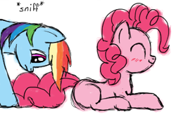 Size: 343x233 | Tagged: safe, artist:kristelpokemonfan, edit, pinkie pie, rainbow dash, earth pony, pegasus, pony, g4, blushing, cropped, eyes closed, female, lying down, mare, multicolored hair, prone, rainbow hair, simple background, smelling, smiling, sniffing, white background