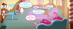 Size: 720x284 | Tagged: safe, artist:syoee b, edit, pinkie pie, rainbow dash, earth pony, pegasus, pony, comic:pinkie's dingdong, g4, bed, bedroom, blushing, comic, couch, cropped, dialogue, door, door slam, female, kicking, lying down, mare, multicolored hair, on back, rainbow hair, speech bubble, sugarcube corner, text, unamused, wings