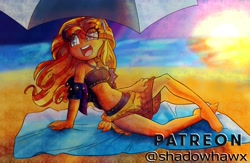 Size: 3122x2039 | Tagged: safe, artist:shadowhawx, sunset shimmer, human, equestria girls, g4, bare shoulders, barefoot, beach, beach towel, belly button, bikini, clothes, feet, female, happy, high res, midriff, open mouth, parasol (umbrella), sarong, see-through, sleeveless, smiling, solo, sunset, sunset shimmer's beach shorts swimsuit, swimsuit