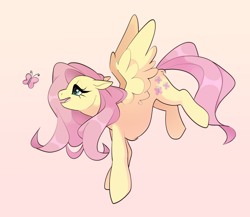 Size: 1794x1555 | Tagged: safe, artist:bakedariez, fluttershy, butterfly, pegasus, pony, g4, female, flying, gradient background, mare, solo, spread wings, wings