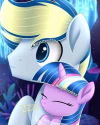 Size: 1200x1500 | Tagged: safe, artist:aryatheeditor, oc, oc only, oc:nightfall sparkle, oc:velodash, pegasus, pony, sea pony, seapony (g4), unicorn, adorable face, blue eyes, cute, eyes closed, father and child, father and daughter, female, horn, male, ocean, offspring, parent:oc:velodash, parent:twilight sparkle, parents:canon x oc, seaponified, seaquestria, sleeping, species swap, underwater, water