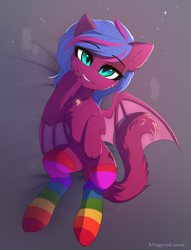 Size: 2543x3333 | Tagged: safe, artist:magnaluna, oc, oc only, oc:spanking shade, cat, cat pony, original species, pony, bat wings, cat tail, chest fluff, clothes, ear fluff, fangs, female, jewelry, looking at you, mare, necklace, paws, rainbow socks, slit pupils, socks, solo, stockings, striped socks, tail, thigh highs, wings