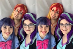 Size: 2289x1522 | Tagged: safe, artist:maddymoiselle, artist:sarahndipity cosplay, artist:shelbeanie, starlight glimmer, sunset shimmer, twilight sparkle, human, equestria girls, g4, clothes, cosplay, costume, everfree northwest, everfree northwest 2019, glasses, irl, irl human, magical trio, photo