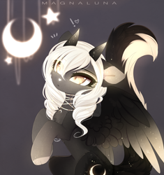 Size: 2969x3161 | Tagged: safe, artist:magnaluna, princess luna, oc, cat, cat pony, original species, alternate design, cat tail, chest fluff, female, horns, jewelry, mare, necklace, paws, solo, tail, wings