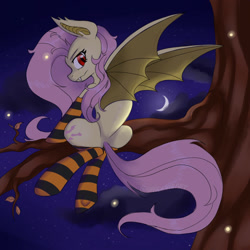 Size: 1000x1000 | Tagged: safe, artist:sphexvirart, fluttershy, bat pony, firefly (insect), insect, pony, g4, bat ponified, clothes, crescent moon, fangs, female, flutterbat, looking at you, looking back, looking back at you, mare, moon, night, race swap, sitting in a tree, socks, solo, spread wings, stockings, striped socks, thigh highs, tree branch, wings