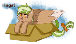 Size: 1153x676 | Tagged: safe, artist:thebenalpha, oc, oc only, oc:sylvia evergreen, pegasus, pony, box, braided pigtails, hair tie, heart, heart eyes, hugs?, pegasus oc, pony in a box, simple background, solo, text, transparent background, wingding eyes, wings