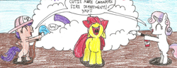 Size: 924x354 | Tagged: safe, artist:vadkram20xd6, edit, apple bloom, scootaloo, sweetie belle, twilight sparkle, earth pony, pegasus, pony, unicorn, g4, bipedal, bow, cropped, eyes closed, female, filly, fire extinguisher, firefighter, firefighter crusaders, firefighter helmet, firefighter scootaloo, firefighting, foal, hair bow, helmet, holding, horn, hose, mare, nose in the air, open mouth, pencil drawing, smiling, spread wings, traditional art, unicorn twilight, uvula, volumetric mouth, water, wings, wrong color
