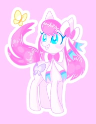 Size: 655x850 | Tagged: safe, artist:stacy_165cut, oc, oc only, butterfly, earth pony, pony, sylveon, bow, bowtie, female, grin, mare, outline, pink background, pokémon, simple background, smiling, solo