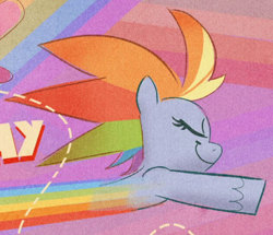 Size: 418x359 | Tagged: safe, edit, edited screencap, screencap, rainbow dash, pegasus, pony, g4.5, my little pony: pony life, the fluttershy effect, cropped, eyes closed, female, flying, mare, multicolored hair, rainbow hair, rainbow trail, smiling, solo, text