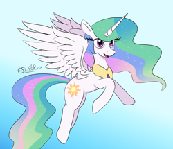 Size: 2070x1777 | Tagged: safe, artist:sharkrikka, princess celestia, alicorn, pony, g4, eye clipping through hair, female, flying, gradient background, horn, mare, open mouth, open smile, signature, smiling, solo, spread wings, wings