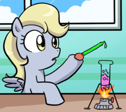 Size: 309x275 | Tagged: safe, artist:madmax, edit, derpy hooves, pegasus, pony, g4, bubble, cropped, female, filly, filly derpy, fire, foal, science, spread wings, test tube, window, wings, younger