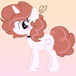 Size: 1547x1547 | Tagged: safe, artist:cutiesparke, oc, oc only, oc:pom, pony, unicorn, :o, ahoge, alternate design, blushing, brown hair, brown mane, choker, clothes, eyelashes, female, fluffy mane, gradient background, heart, hoof heart, jewelry, lightly watermarked, looking back, open mouth, pink eyes, ponysona, scarf, show accurate, simple background, socks, solo, tail, two toned mane, watermark