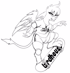 Size: 2869x3000 | Tagged: safe, artist:replica, oc, oc only, oc:whore birb, griffon, black and white, female, grayscale, griffon oc, high res, lineart, monochrome, simple background, skateboard, white background