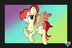 Size: 3000x2000 | Tagged: safe, artist:gnashie, oc, oc only, pegasus, pony, abstract background, flying, grin, high res, pegasus oc, smiling