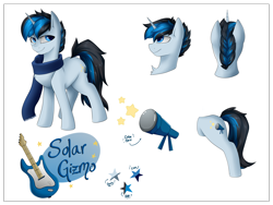 Size: 5100x3842 | Tagged: safe, artist:rinikka, oc, oc only, oc:solar gizmo, pony, unicorn, clothes, electric guitar, guitar, horn, male, musical instrument, reference sheet, scarf, simple background, solo, stallion, unicorn oc, white background