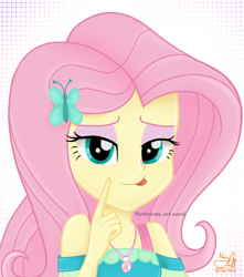 Size: 836x945 | Tagged: safe, artist:fluttershy_art.nurul, fluttershy, human, equestria girls, g4, my little pony equestria girls: better together, :p, cute, eyeshadow, female, hairpin, hand, hungry, jewelry, kitchen eyes, licking, licking lips, lidded eyes, looking at you, makeup, necklace, simple background, smiling, solo, tongue out