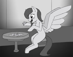 Size: 600x464 | Tagged: safe, artist:warskunk, oc, oc only, pegasus, pony, eating, female, food, pegasus oc, pizza, solo, table