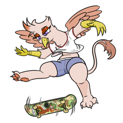 Size: 728x725 | Tagged: safe, artist:jargon scott, oc, oc only, oc:whore birb, griffon, clothes, female, griffon oc, kickflip, paw pads, paws, shorts, simple background, skateboard, solo, underpaw, white background