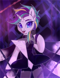 Size: 1920x2484 | Tagged: safe, artist:auroracursed, rarity, unicorn, semi-anthro, g4, alternate hairstyle, arm hooves, chains, choker, clothes, deviantart watermark, dress, female, fishnet clothing, microphone, obtrusive watermark, punk, raripunk, solo, watermark