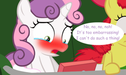Size: 586x349 | Tagged: safe, artist:jan, apple bloom, sweetie belle, earth pony, pony, unicorn, g4, bag, blushing, bow, computer, crying, dialogue, female, filly, foal, hair bow, horn, laptop computer, lift, messy mane, need to pee, potty time, saddle bag, scared, shocked, shrunken pupils, speech bubble, sweetie blush, teary eyes, text, wide eyes