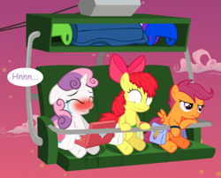Size: 488x393 | Tagged: safe, artist:jan, apple bloom, scootaloo, sweetie belle, earth pony, pegasus, pony, unicorn, ask the crusaders, vocational death cruise, g4, accident, acrophobia, bag, blushing, cloud, computer, crying, cutie mark crusaders, dialogue, embarrassed, eyes closed, female, filly, floppy ears, foal, helmet, laptop computer, lift, messy mane, pissing, potty failure, saddle bag, scootaloo is not amused, shocked, sitting, sky, speech bubble, stars, sunset, sweetie blush, text, unamused, urine, wavy mouth, wetting, wide eyes