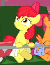 Size: 175x227 | Tagged: safe, artist:jan, apple bloom, scootaloo, earth pony, pegasus, pony, vocational death cruise, g4, bag, bow, computer, female, filly, foal, hair bow, laptop computer, lift, messy mane, saddle bag, sky, smiling, spread wings, stars, sunset, wings